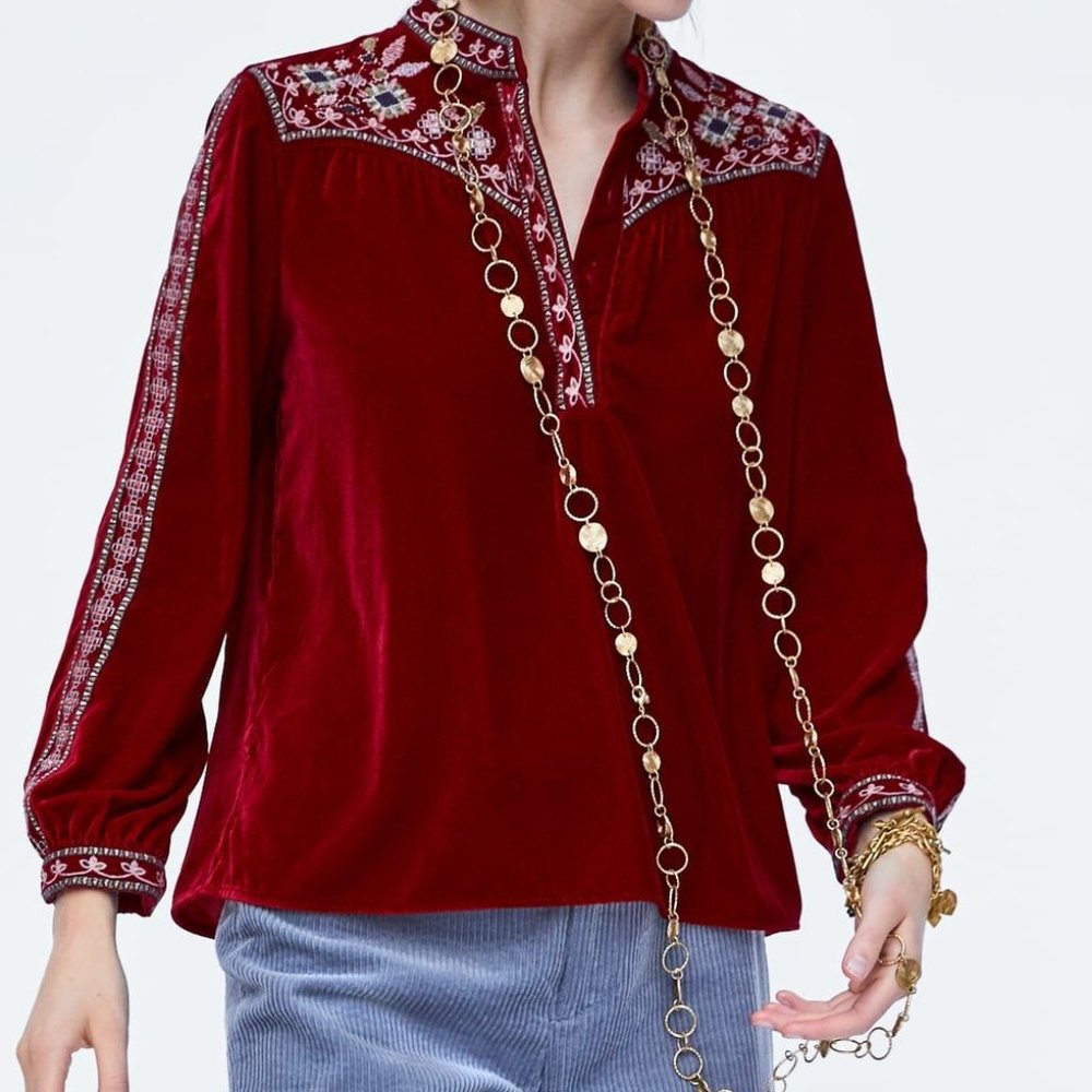 Zara Red Velvet Embroidered Shirt